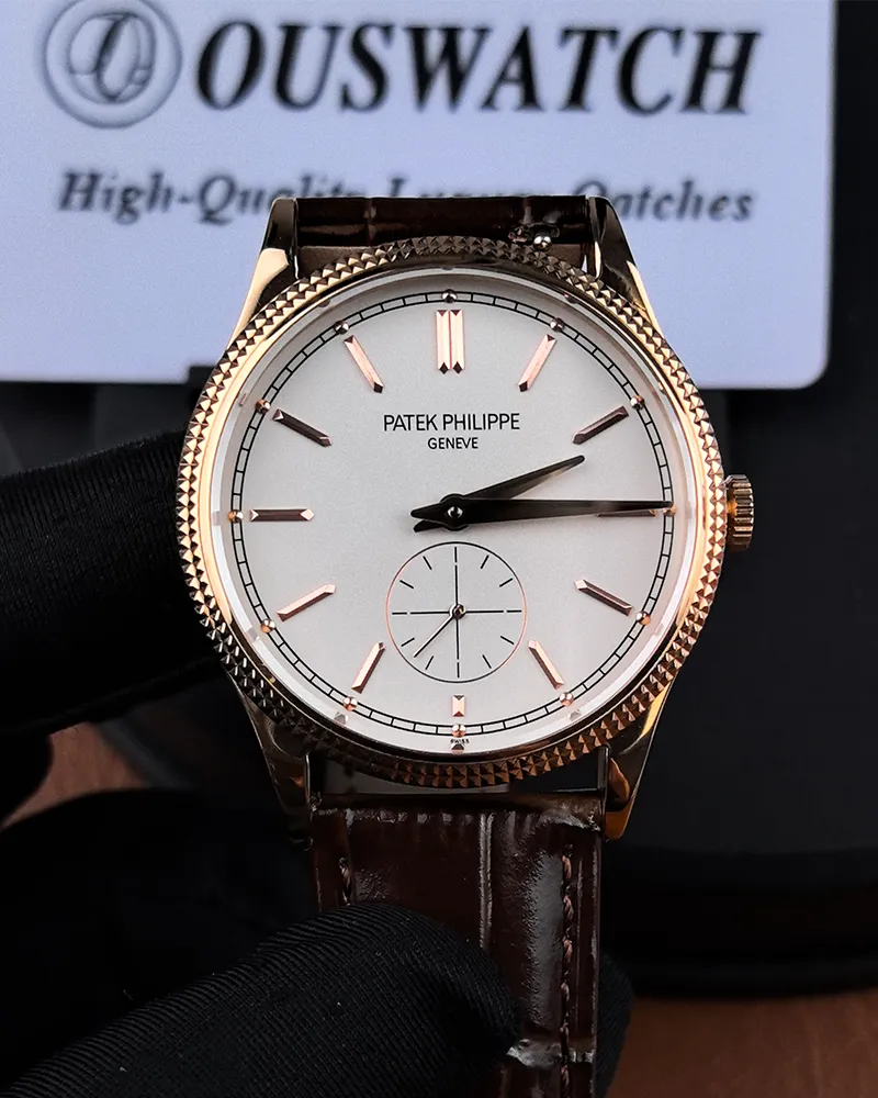 Front view of Patek Philippe Calatrava 6119R-001 39MM replica watch in rose gold with white dial