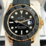 Front view of Rolex Yacht-Master M226658-0001 replica watch with black dial and rubber watch strap