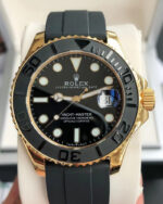 Front view of Rolex Yacht-Master M226658-0001 replica watch with black dial and rubber watch strap