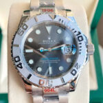 Front view of Rolex Yacht-Master M126622-0001 replica watch with rhodium white dial and stainless steel bracelet