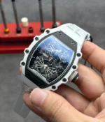45-degree angle view of Richard Mille RM 21-01 Tourbillon replica watch showing skeleton dial and case profile