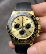 Close-up of the champagne dial with black sub-dials on the Rolex Cosmograph Daytona M116518LN-0048 replica watch