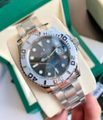 25-degree angle view of Rolex Yacht-Master M126622-0001 replica watch showing rhodium white dial and case profile