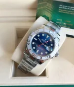 Rolex Yacht-Master 126622-0002 replica watch at 45-degree angle, highlighting the blue dial and polished Oystersteel case