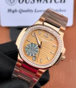 45-degree angle view of Patek Philippe Nautilus 7118R-001 rose gold replica with diamond-set bezel