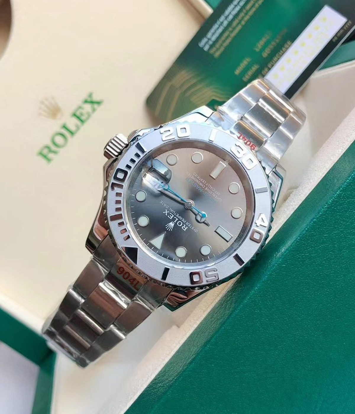 45-degree angle view of Rolex Yacht-Master M126622-0001 replica watch with polished case and bracelet details