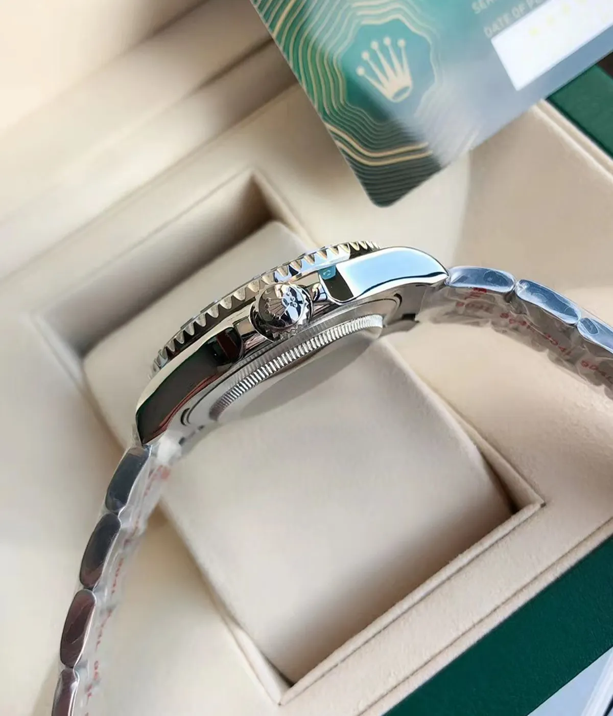 Close-up of the Rolex Yacht-Master 126622-0002 replica watch crown, showing detailed craftsmanship