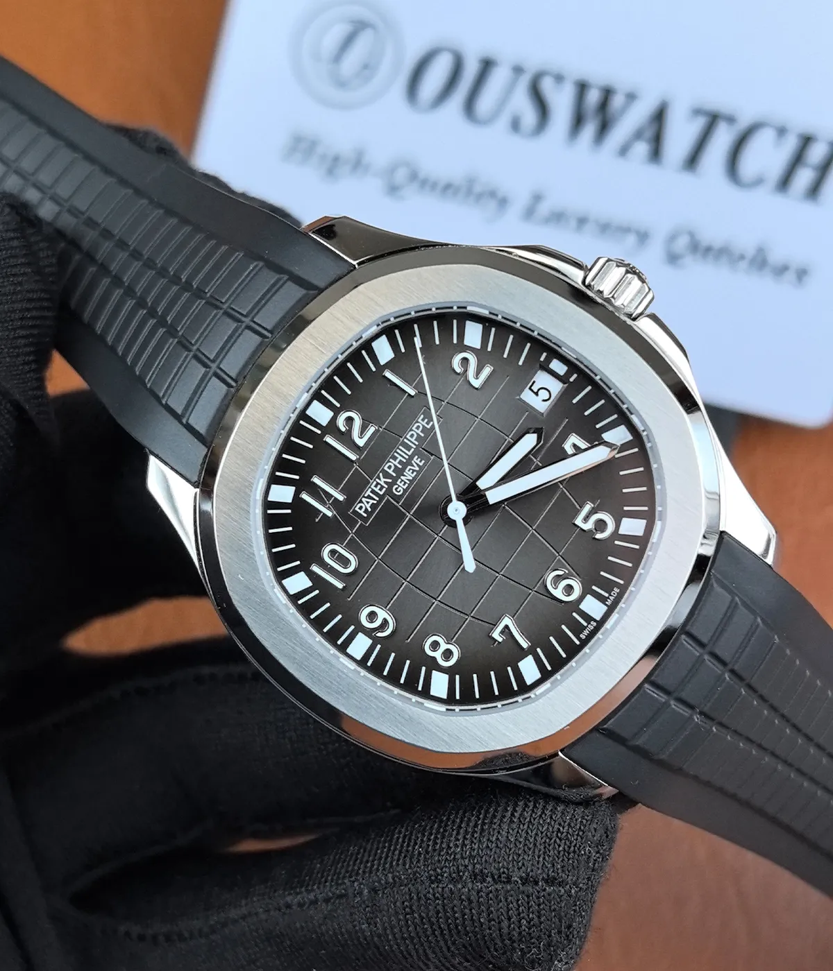 45-degree angled view of Patek Philippe Aquanaut 5167A-001 Black Dial replica watch displaying case depth and dial texture