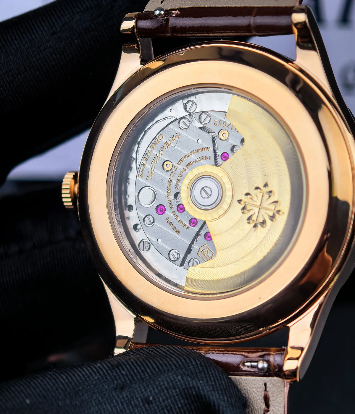 Close-up of the movement of Patek Philippe Calatrava 6119R-001 rose gold replica watch