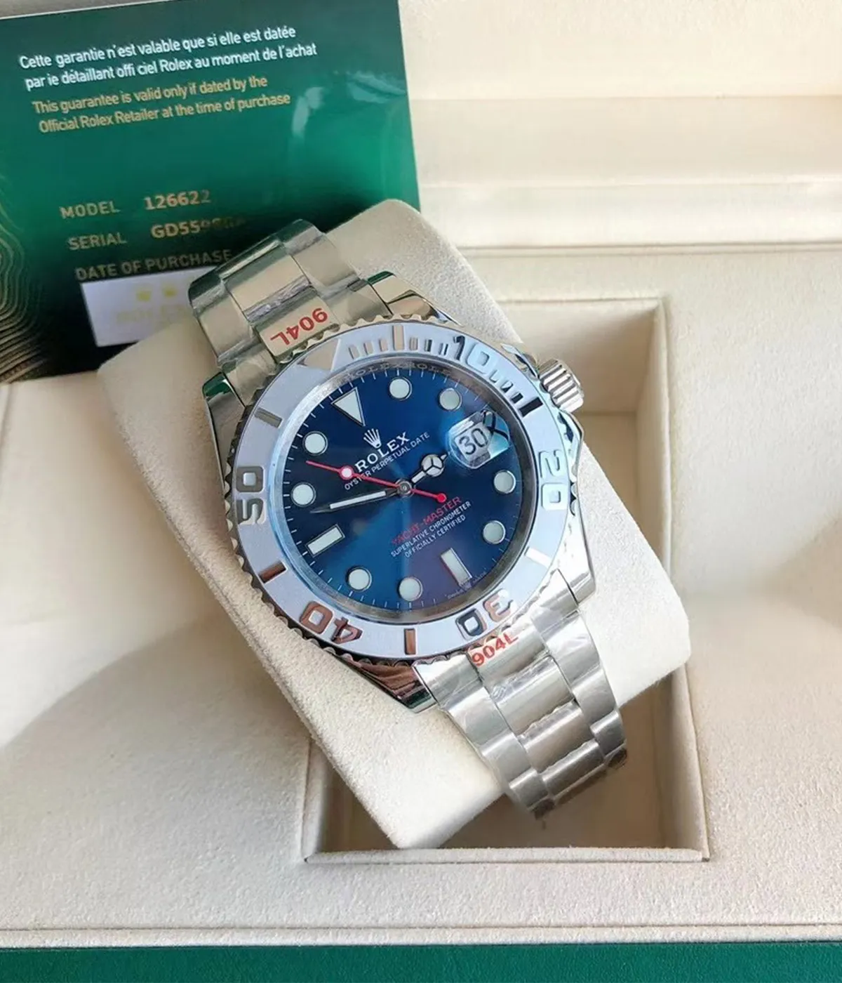 Rolex Yacht-Master 126622-0002 replica watch packaging display, showcasing the full presentation and box