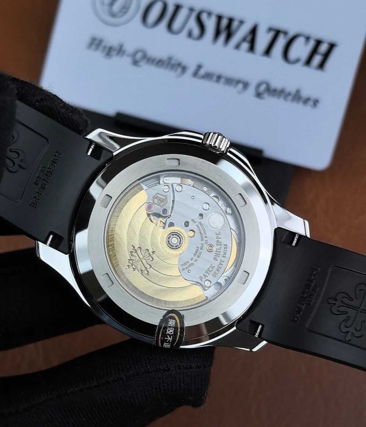 Detailed view of the Swiss replica movement inside Patek Philippe Aquanaut 5167A-001, showcasing precision craftsmanship