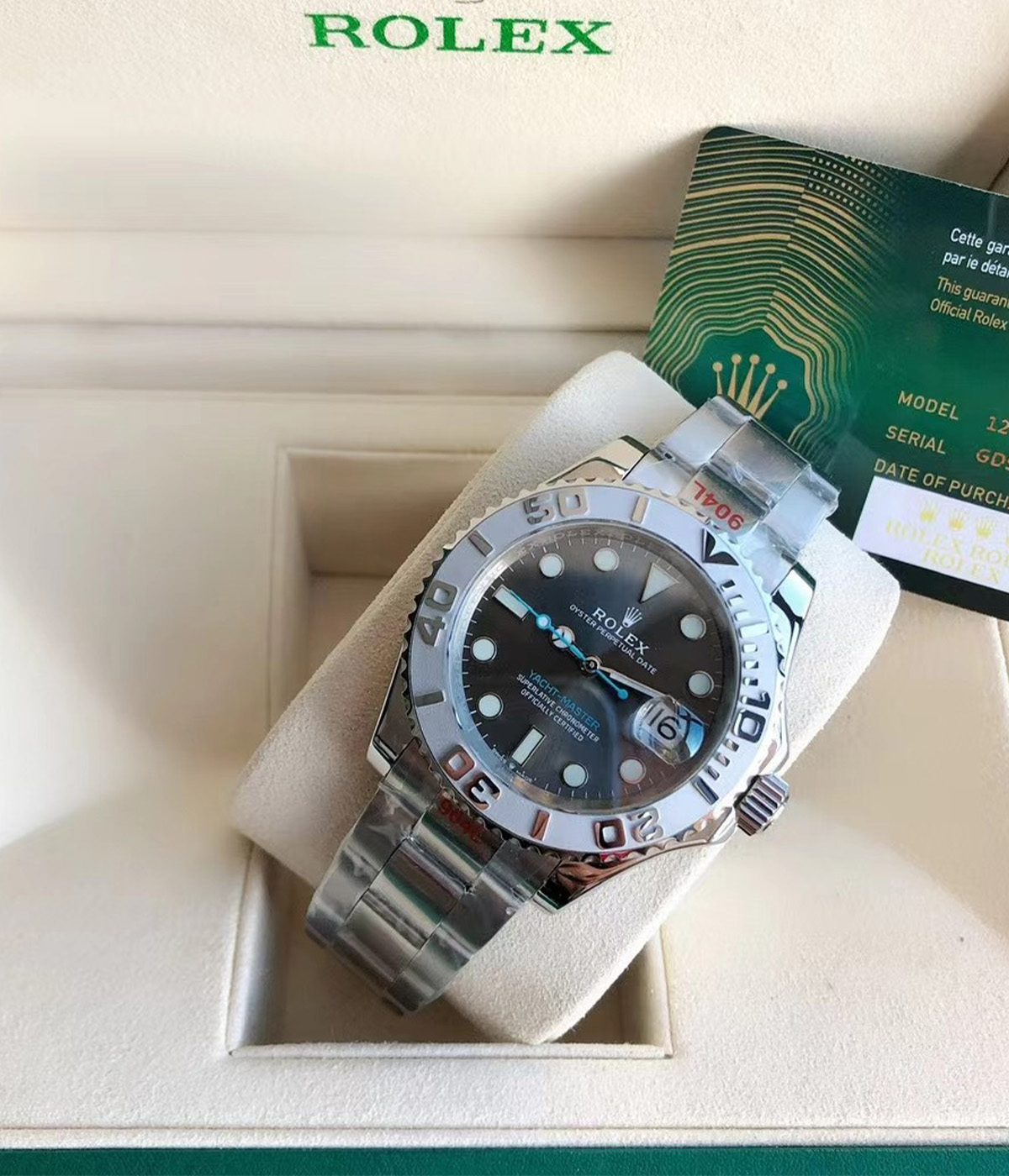 Rolex Yacht-Master M126622-0001 replica watch packaging box display with rhodium white dial model