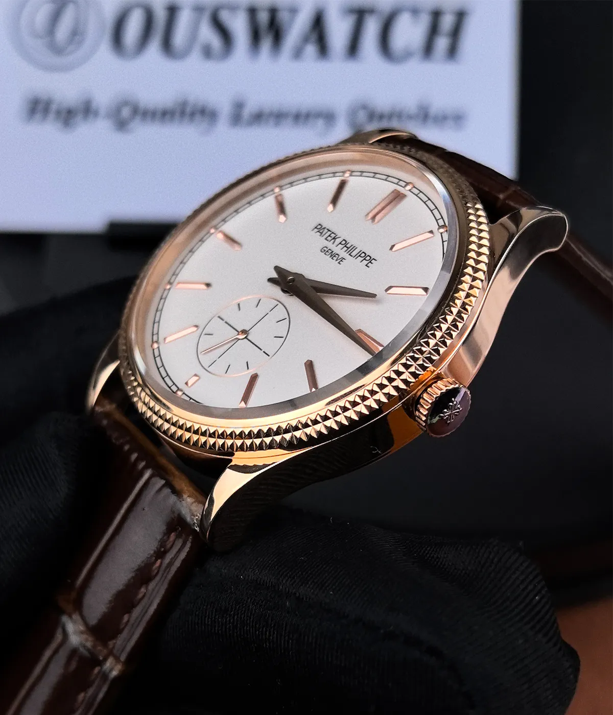 Close-up of the bezel on Patek Philippe Calatrava 6119R-001 rose gold replica watch